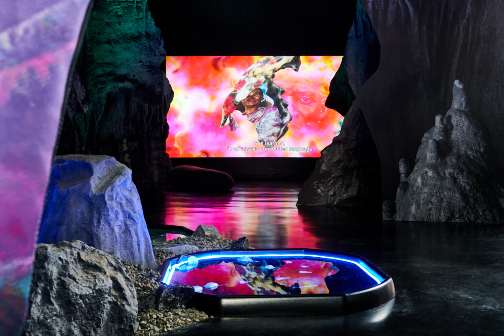 Josèfa Ntjam When The Moon Dreamed of the Ocean 2022 Installation view at FACT Liverpool Photo by Rob Battersby